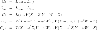  C    =  L    ∪ L
   0       ∞,0   ∞,1
 C∞   =  L0,∞ ∪ L1,∞

 C1   =  L1,1 ∪ V (X - Z, Y + W - Z)
 C    =  V (X - ωZ, Y - ω2W  )∪ V (X  - ωZ, Y + ω2W  - Z)
   ω
C ω2  =  V (X - ω2Z, Y - ωW  )∪ V (X  - ω2Z,Y  + ωW  - Z)
