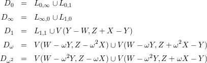   D0  =   L0,∞ ∪ L0,1

 D∞   =   L∞,0 ∪ L1,0
  D1  =   L1,1 ∪ V(Y - W, Z + X  - Y)
                          2                     2
 D ω  =   V(W  - ωY, Z - ω X )∪ V (W  - ωY, Z + ω X  - Y)
D  2  =   V(W  - ω2Y,Z -  ωX )∪ V (W  - ω2Y, Z + ωX  - Y)
  ω
