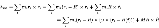 \begin{multline*}
\vec{\lambda}_{\rm tot} = \sum_i m_i \vec{r}_i\times\dot{\vec...
...}\times (\vec{r}_i-\vec{R}(t))) +
M \vec{R}\times\dot{\vec{R}}
\end{multline*}