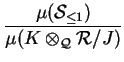 $\displaystyle {\frac{\mu({\cal S}_{\leq 1})}{\mu(K\otimes _{{\Bbb Q}}{\Bbb R}/J)}}$